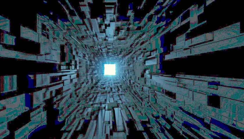 Ein endloser Tunnel aus geometrischen Formen, der in einem hellen Licht endet. Die Szene erinnert an pulsierende techno beats in einer digitalen Welt.
