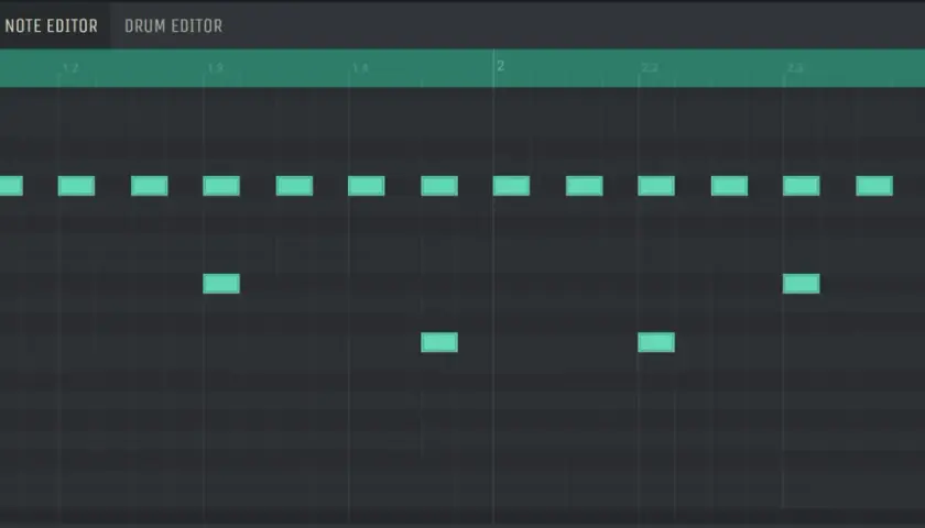 Ein Drum-Editor zeigt einen typischen trap beat mit vielen Hi-Hats und einigen Akzenten.