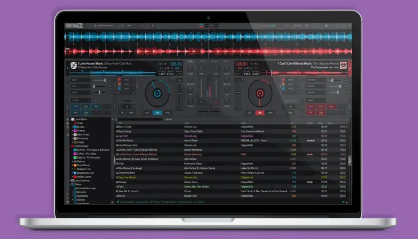 Ein DJ-Setup mit VirtualDJ-Software, bereit für den auto dj-Modus. Wellenformen und Songlisten sind sichtbar.