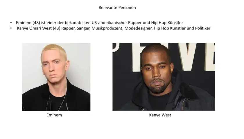 Zwei bekannte Hip-Hop-Künstler: Eminem mit blonden Haaren und Kanye West mit dunklem Haar und Bart.