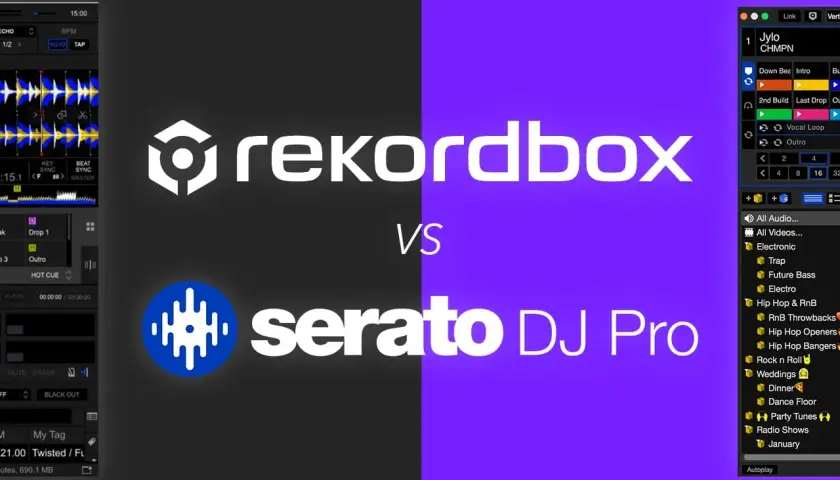 Vergleich von Serato DJ Pro und Rekordbox, zwei beliebten DJ-Programmen, mit ihren Benutzeroberflächen.