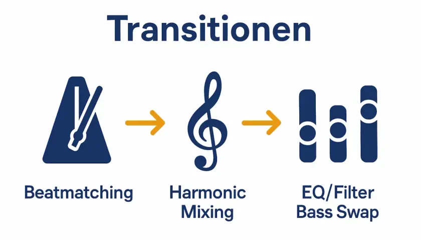 Übergänge: Beatmatching, dann **Harmonic Mixing** mit Notenschlüssel, gefolgt von EQ/Filter Bass Swap.