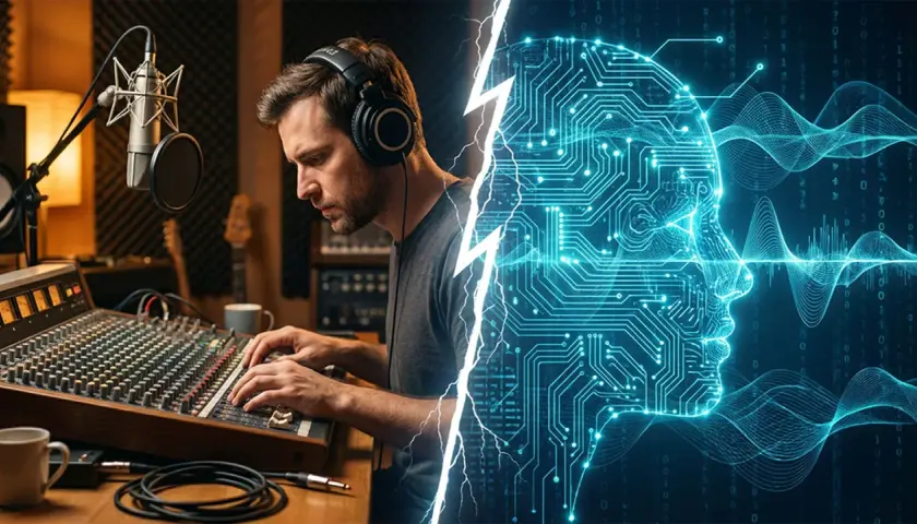 Mann im Tonstudio mischt Musik, daneben ein stilisiertes Kopfprofil aus Schaltkreisen, das eine KI-Stimme symbolisiert.