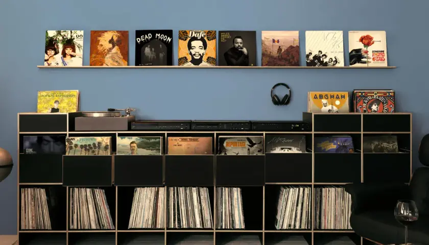Schallplatten lagern in einem modernen Regal. Viele LPs sind auf dem Regal und in den Fächern aufbewahrt, bereit zum Abspielen.