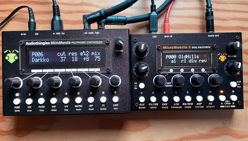 Zwei Audiothingies Micromonsta 2 Synthesizer nebeneinander, bereit für musikalische Erkundungen.