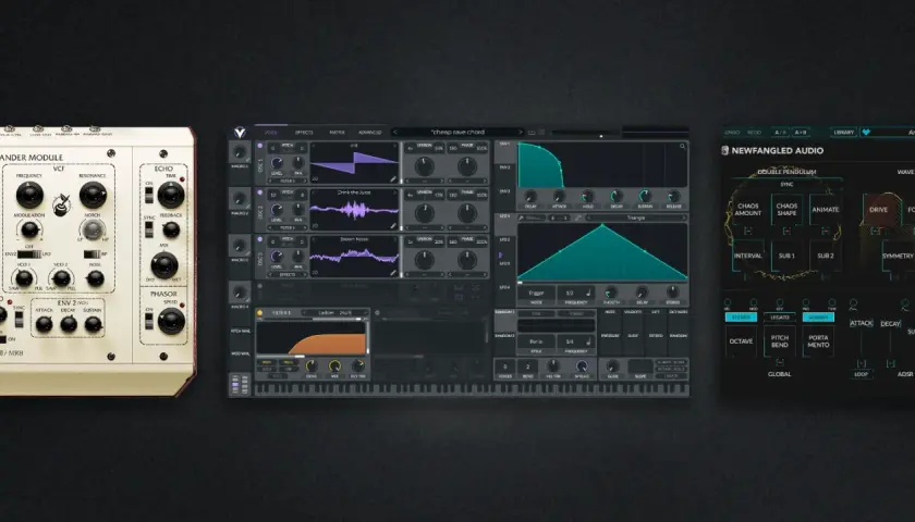 Drei Synthesizer-Interfaces, darunter ein Hardware-Modul und zwei Software-Plugins, die zum Erstellen von Musik mit einem free synthesizer einladen.