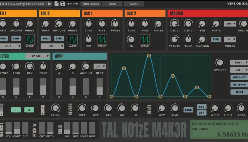 TAL NO1ZE M4K3R Synthesizer-Interface mit Reglern für LFO, Oszillatoren, Filter und Effekte.