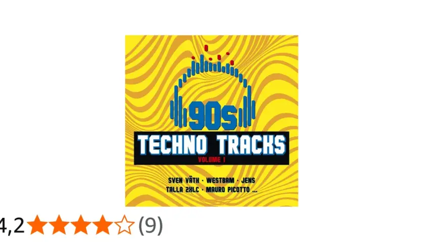 Album-Cover mit "90s Techno Tracks Volume 1" und Künstlernamen. Eine tolle techno lieder liste 90er für Nostalgiker.