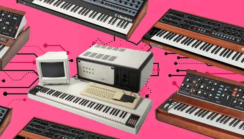 Synthesizer-Hits der 80er: Vintage-Keyboards und ein Computer-Setup für epische Instrumental-Sounds.
