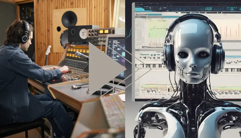 Ein Mann im Tonstudio mischt Musik, während eine KI mit Kopfhörern auf dem Bildschirm den **sound ki**-Prozess überwacht.