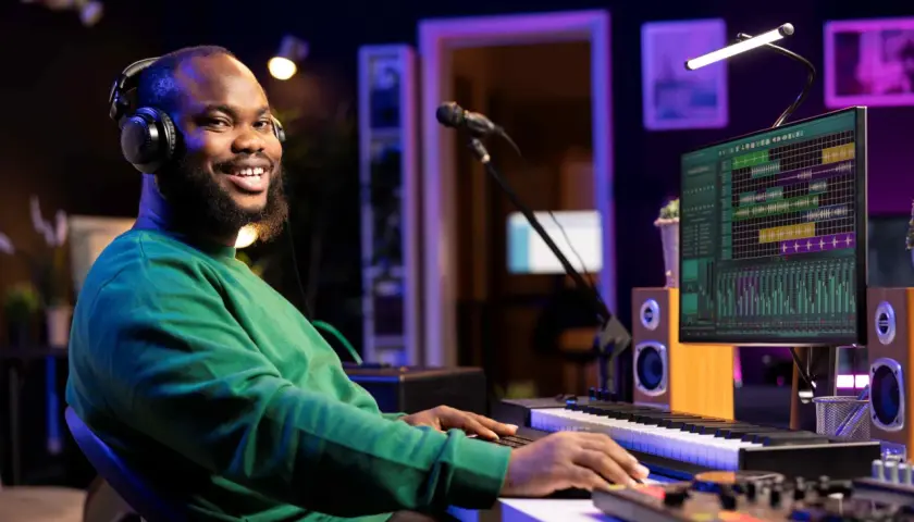 Ein Mann mit Kopfhörern spielt auf einem Keyboard in einem Musikstudio. Auf dem Monitor sind Wellenformen und Regler zu sehen, wie bei Konzeptkunst-Beispielen.
