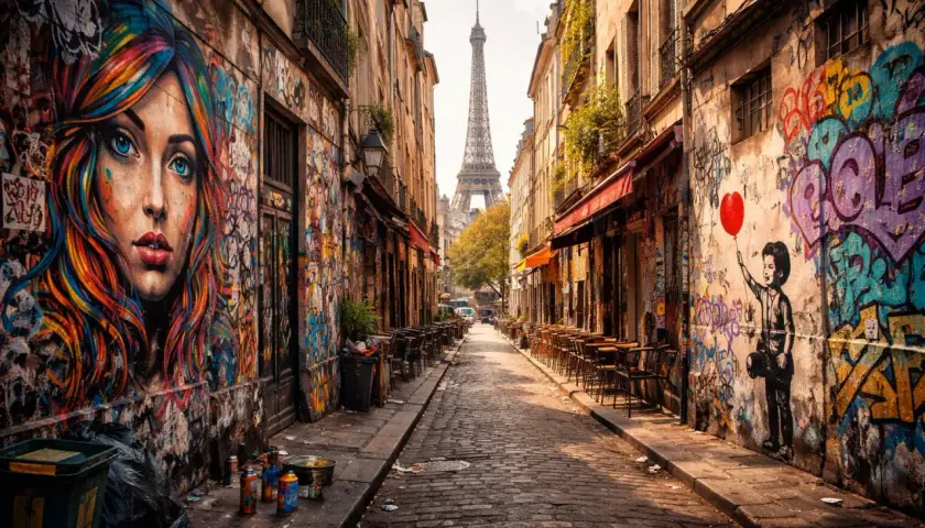 Bunte Pariser Street Art ziert eine Gasse mit Blick auf den Eiffelturm. Ein Mädchen mit Ballon und ein Porträt einer Frau dominieren die Wände.