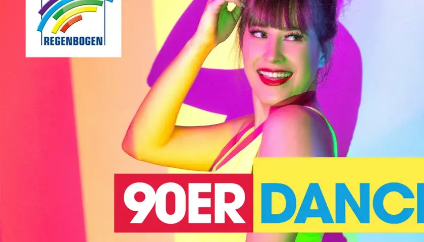 Fröhliche Frau im Neonlicht, bereit für eine Nacht voller **techno 90er** Beats. Radio Regenbogen präsentiert 90er Dance.