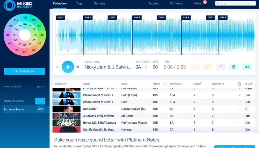 DJ-Software mit Quintenzirkel und Wellenformen. Zeigt Songtitel, Key, BPM und Energie an. Perfekt für jeden DJ.