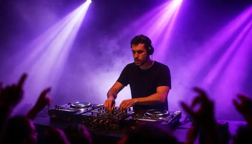 Ein DJ legt im pulsierenden Licht auf, während die Menge jubelt. Der DJ-Pool ist voller Energie und Musik.