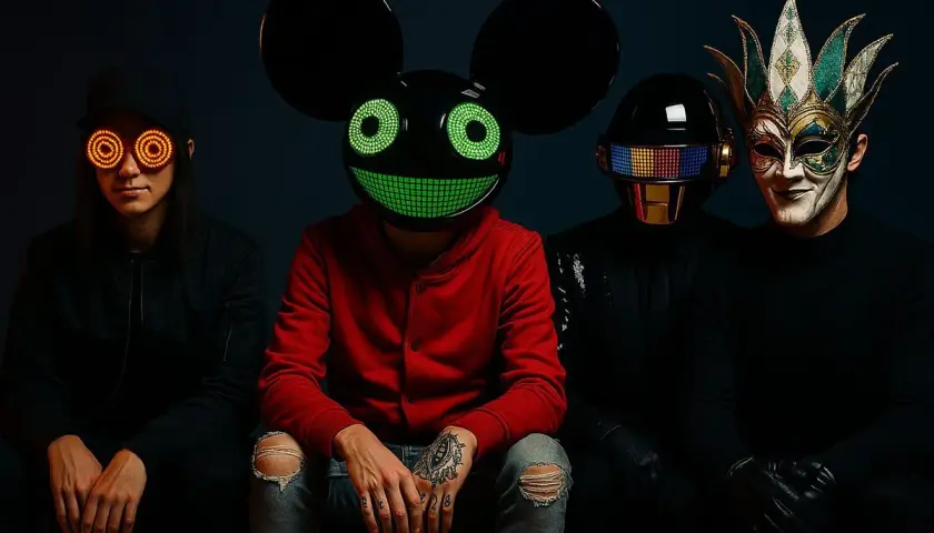Vier DJs mit Masken: einer mit leuchtenden Augen, ein anderer mit Maus-Maske, ein dritter mit Daft Punk-Helm und ein vierter mit venezianischer Maske.