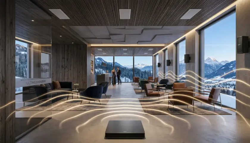 Moderne Lounge mit Bergblick, Bose-Lautsprecher für kraftvolle bass lieder, die den Raum erfüllen.