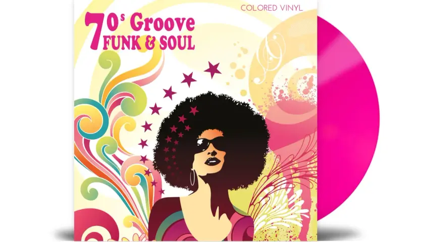 Platten-Cover mit Afro-Frau und psychedelischen Mustern, das "70's Groove FUNK & SOUL" ankündigt. Daneben eine pinke Vinyl-Schallplatte.