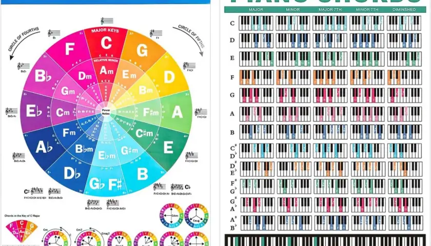 Akkorde Keyboard: Kreis der Quinten und Klavierakkorde für Anfänger. Zeigt Dur-, Moll-, Septim- und verminderte Akkorde.