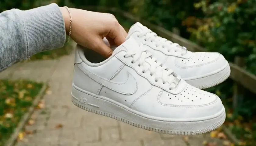 Ein Paar weiße Nike Air Force 1 Sneaker, gehalten von einer Hand. Diese Schuhe sind ein Klassiker und ein Symbol für Streetwear.
