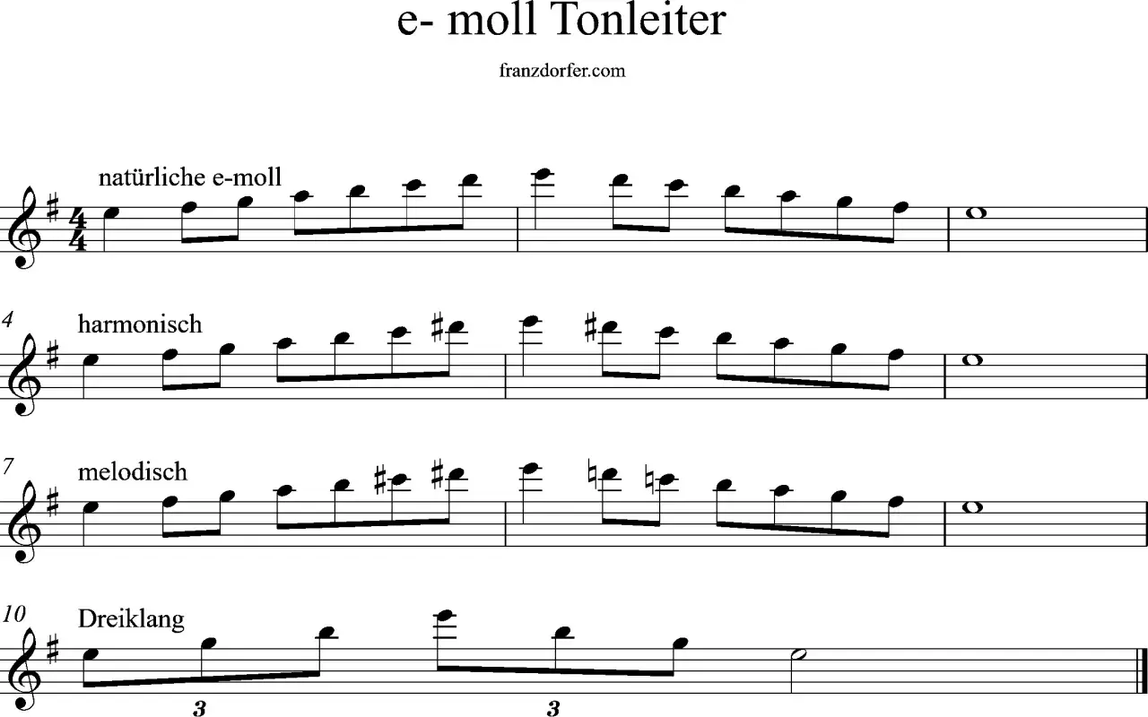 Notenbeispiel zeigt die natürliche, harmonisch und melodisch e-Moll Tonleiter. Die harmonisch Moll-Variante hebt sich durch den erhöhten Leitton hervor.