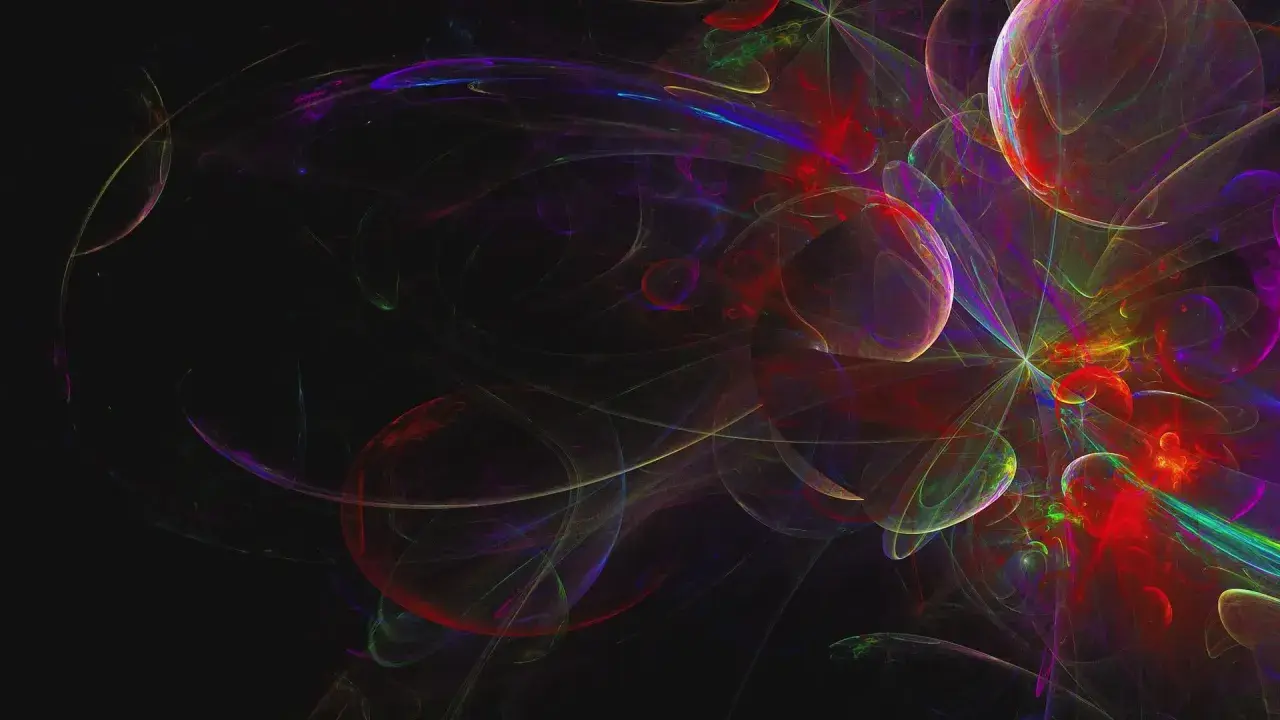 Abstrakte, leuchtende Formen in Rot, Lila und Blau auf schwarzem Hintergrund. Ein Gefühl von Energie und Bewegung, fast wie ein visuelles Erlebnis von Uptempo-Musik.