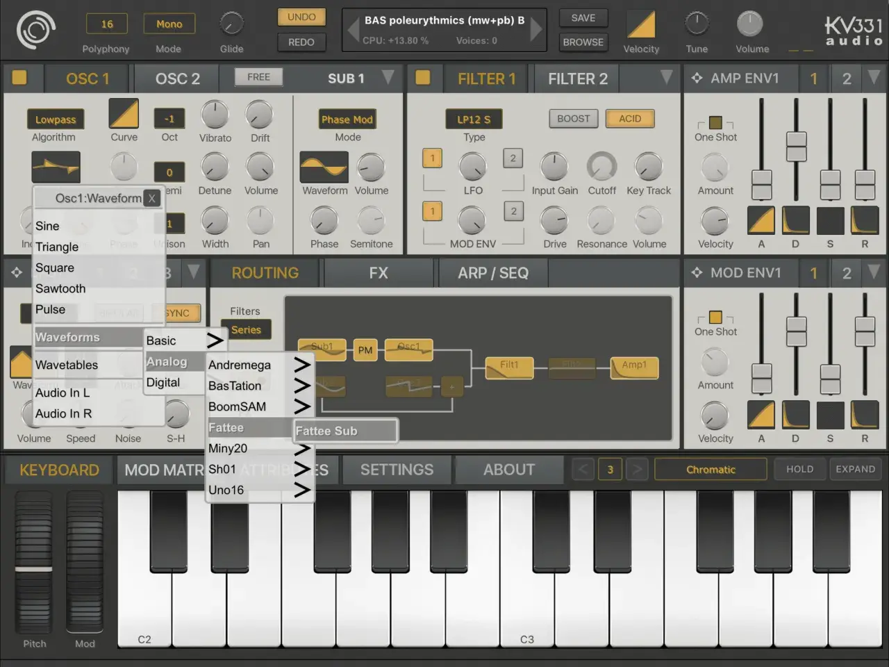 Synthmaster One: Ansicht des Synthesizer-Interfaces mit geöffnetem Wellenform-Menü für OSC1.