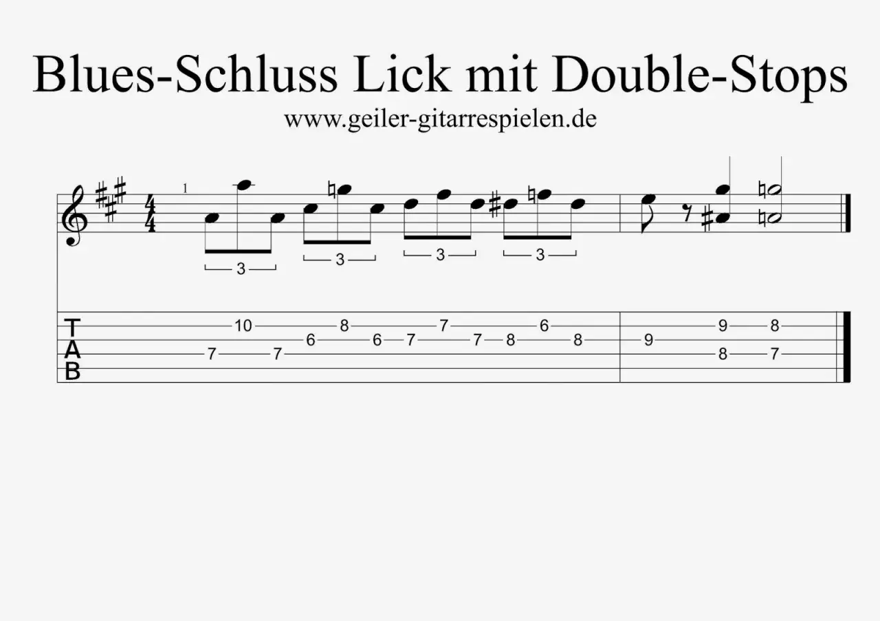 Gitarrennotation für einen Blues-Schluss-Lick mit Double-Stops. Die TAB zeigt die Saiten und Bundpositionen für die bluesigen Riffs.