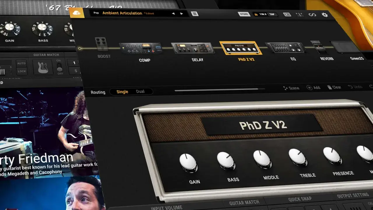 Ein Gitarren-Rig mit Bias FX 2, das verschiedene Effekte wie Boost, Comp, Delay und EQ zeigt.