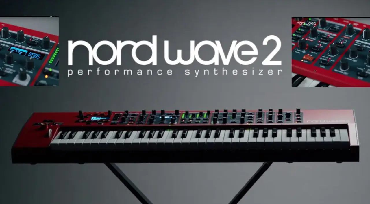 Rotes Nord Wave 2 Performance Synthesizer-Keyboard mit vielen Reglern und Tasten, bereit für musikalische Kreationen.