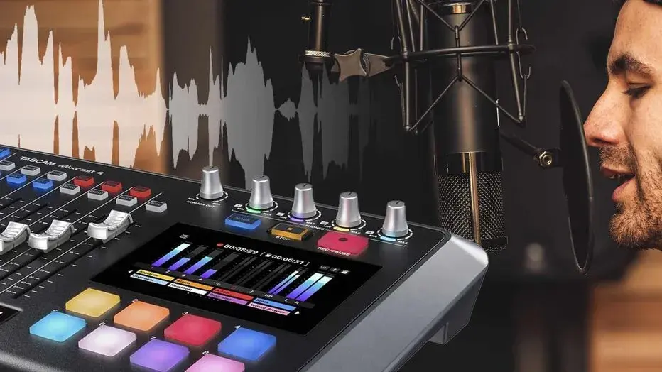 Mann spricht ins Mikrofon, während ein Mischpult für eine live recording bereitsteht. Wellenformen im Hintergrund zeigen den Ton.