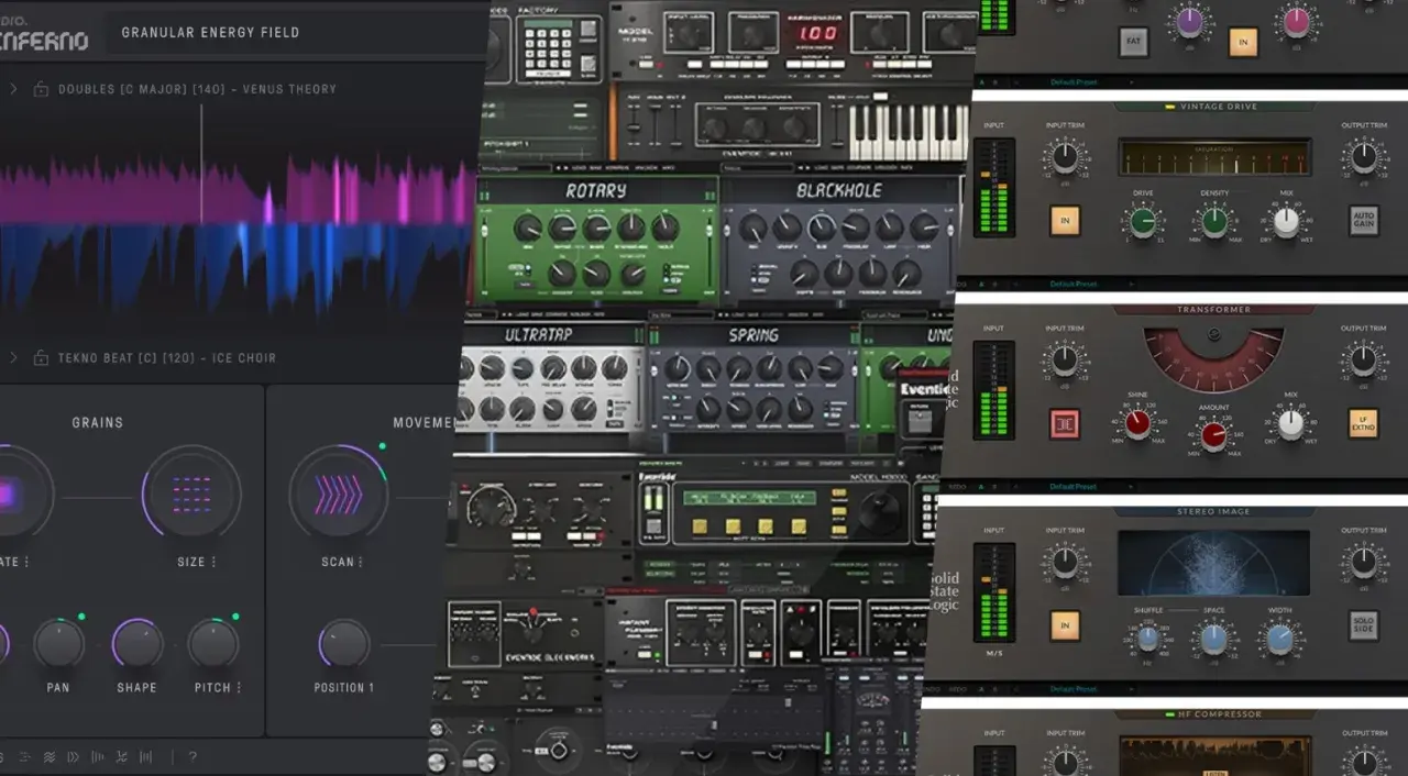 Eine Collage aus verschiedenen Audio-Plugins, darunter Effekte wie Rotary, Blackhole und Vintage Drive, die für Musikproduktion und Sounddesign verwendet werden.