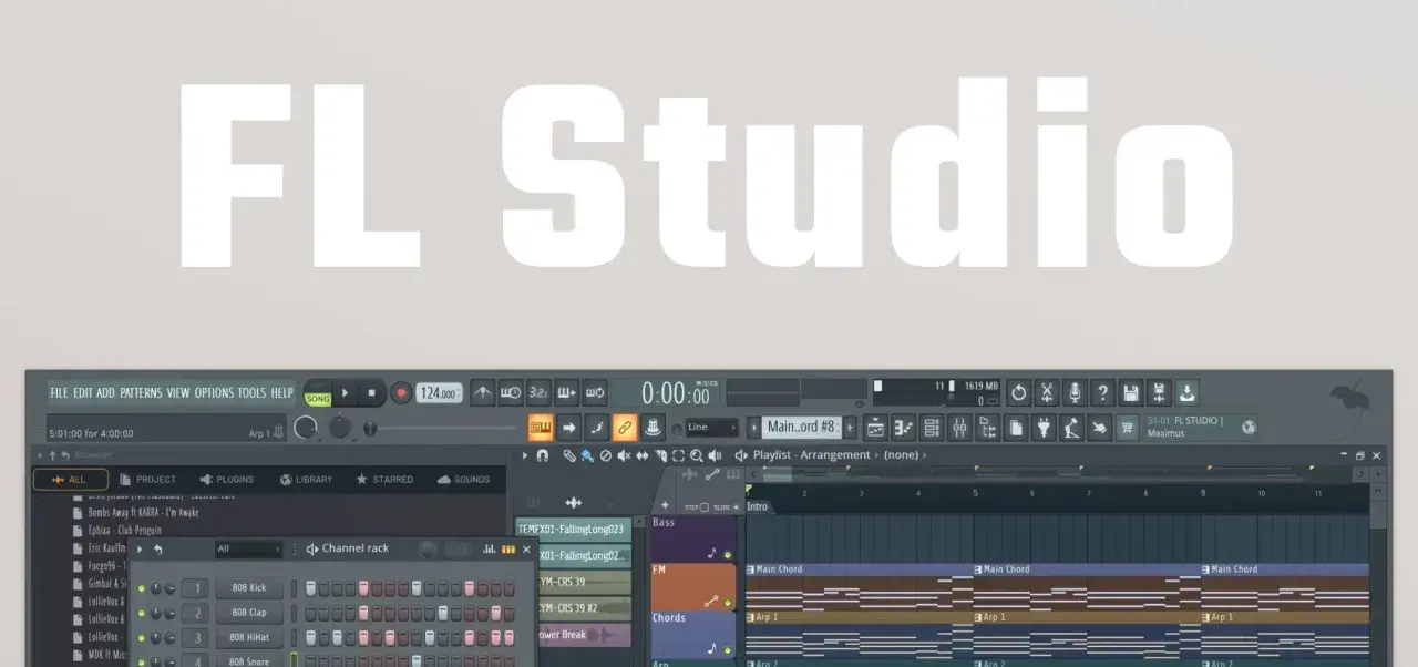 FL Studio-Oberfläche mit dem Titel "FL Studio" darüber. Ein Musikproduzent arbeitet an einem Beat.