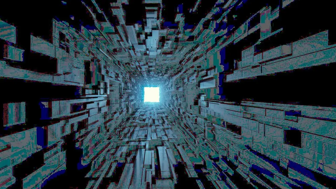 Ein endloser Tunnel aus geometrischen Formen, der in einem hellen Licht endet. Die Szene erinnert an pulsierende techno beats in einer digitalen Welt.