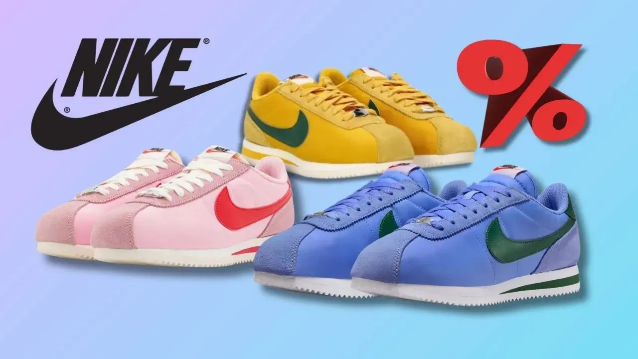 Bunte Nike Cortez-Sneaker, inspiriert vom erster Nike Schuh 1972, mit großem Prozentzeichen.