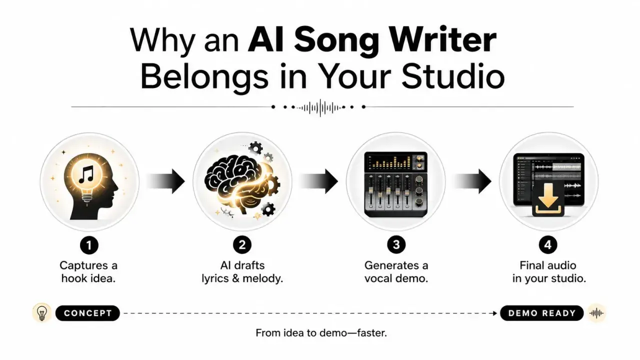 KI Musik erstellen: Von der Idee zum fertigen Song. Ein KI-Songwriter erfasst Hooks, schreibt Texte & Melodien, generiert Demos und liefert finale Audiospuren.