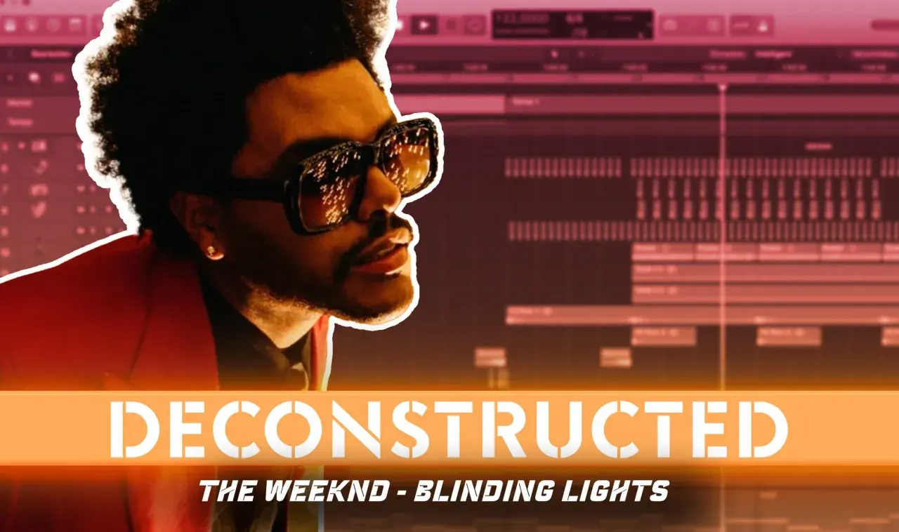 The Weeknd im roten Sakko, mit auffälligen Sonnenbrillen, vor einer Musikproduktionssoftware. Der Titel "DECONSTRUCTED THE WEEKND - BLINDING LIGHTS" ist prominent platziert.