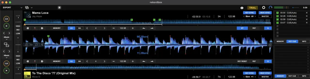 DJ-Software rekordbox 7 mit Wellenformen und Hot Cues.