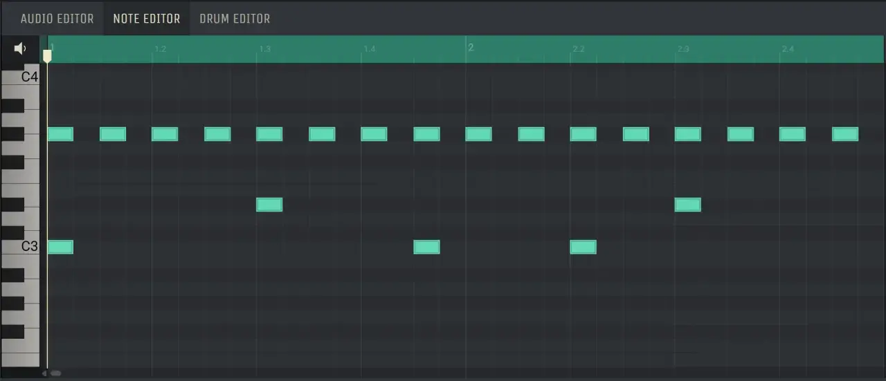 Ein Drum-Editor zeigt einen typischen trap beat mit vielen Hi-Hats und einigen Akzenten.
