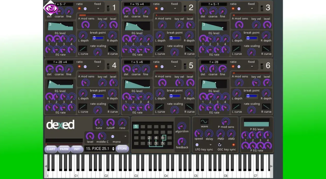Dexed VST: Sechs FM-Operatoren mit detaillierten Einstellungen, Wellenformen und einer virtuellen Tastatur.