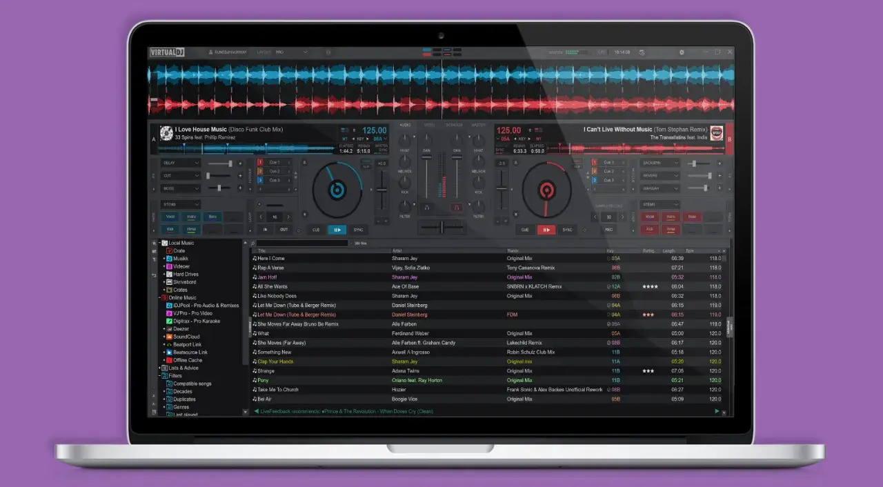 Ein DJ-Setup mit VirtualDJ-Software, bereit für den auto dj-Modus. Wellenformen und Songlisten sind sichtbar.