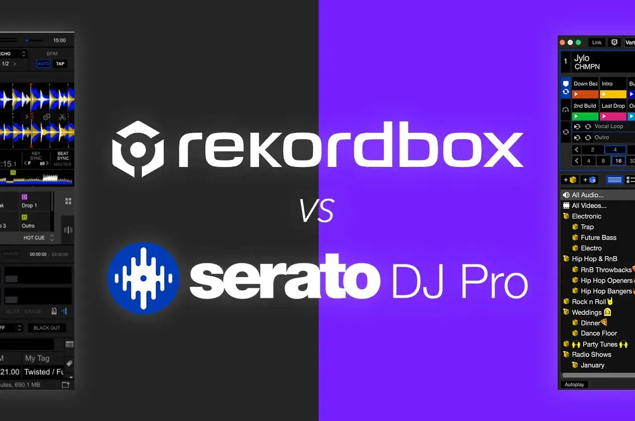 Vergleich von Serato DJ Pro und Rekordbox, zwei beliebten DJ-Programmen, mit ihren Benutzeroberflächen.