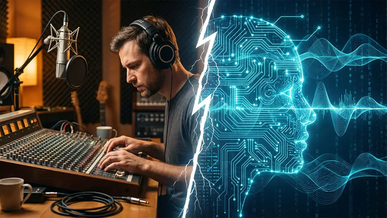Mann im Tonstudio mischt Musik, daneben ein stilisiertes Kopfprofil aus Schaltkreisen, das eine KI-Stimme symbolisiert.