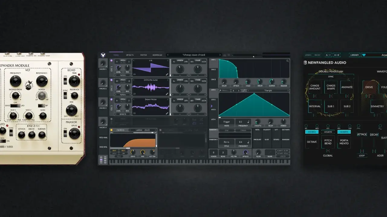Drei Synthesizer-Interfaces, darunter ein Hardware-Modul und zwei Software-Plugins, die zum Erstellen von Musik mit einem free synthesizer einladen.