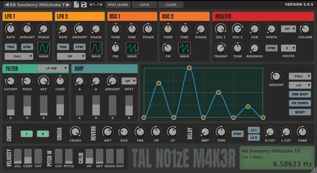 TAL NO1ZE M4K3R Synthesizer-Interface mit Reglern für LFO, Oszillatoren, Filter und Effekte.