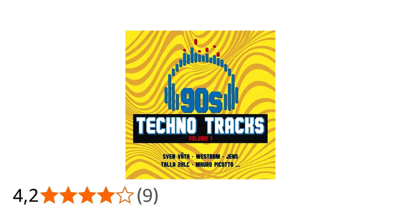 Album-Cover mit "90s Techno Tracks Volume 1" und Künstlernamen. Eine tolle techno lieder liste 90er für Nostalgiker.