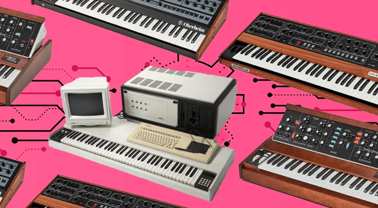 Synthesizer-Hits der 80er: Vintage-Keyboards und ein Computer-Setup für epische Instrumental-Sounds.