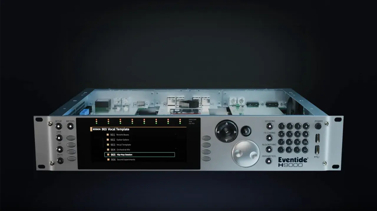 Das Eventide H9000 mit seinem Display, das "Hip-Hop Session" anzeigt, bereit für kreative Klangerzeugung.