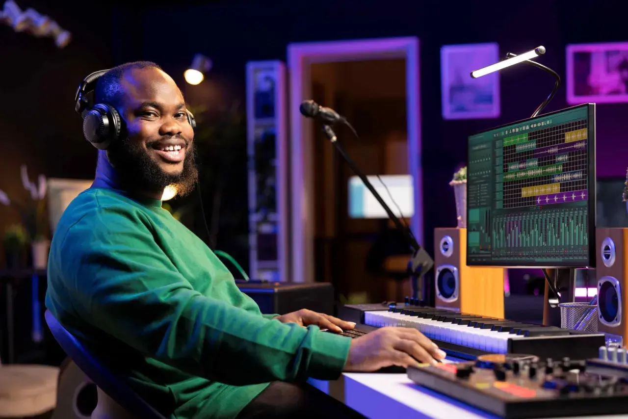 Ein Mann mit Kopfhörern spielt auf einem Keyboard in einem Musikstudio. Auf dem Monitor sind Wellenformen und Regler zu sehen, wie bei Konzeptkunst-Beispielen.