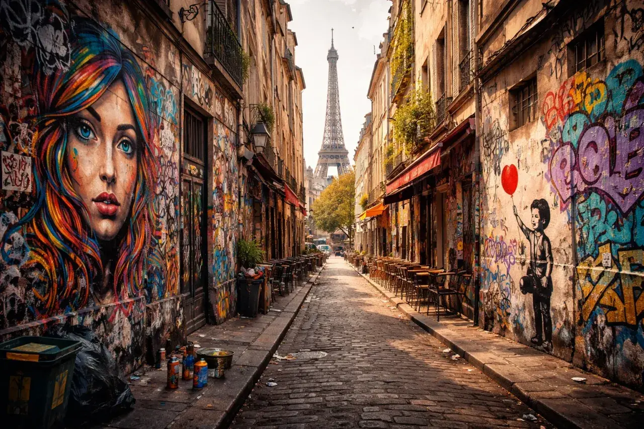 Bunte Pariser Street Art ziert eine Gasse mit Blick auf den Eiffelturm. Ein Mädchen mit Ballon und ein Porträt einer Frau dominieren die Wände.